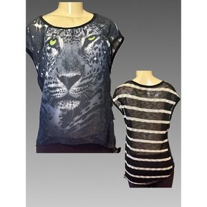 Julia L Bold Leopard Graphic Mixed Media Striped Back Top Semi-Sheer Cap Sleeve